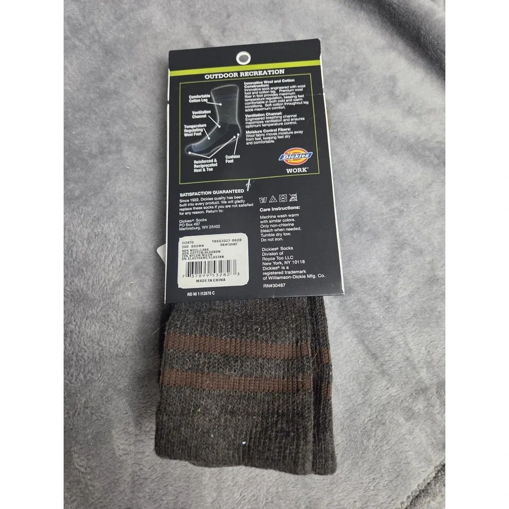 Dickies Insulated Wool Foot‎ Work Outdoor Crew Sock Brown Size 6-12